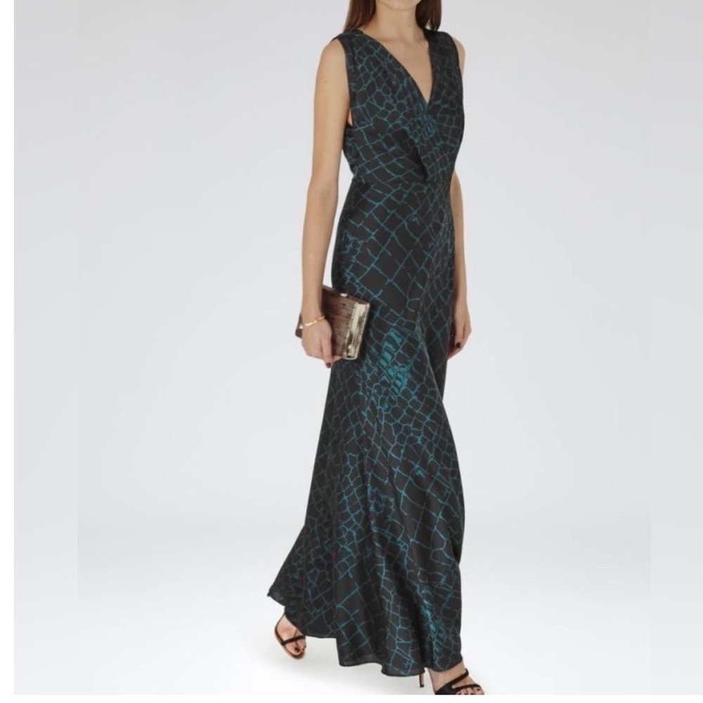 Reiss Maxi Dress Womens 4 Teal Black Abstract Print Satin V-Neck Formal Gown